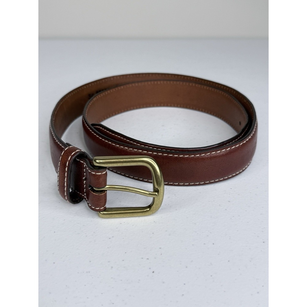 LL BEAN Brown Full Grain Leather Chino Belt Hickory Brass Buckle Men's Size 36